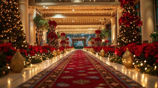 Beautifully decorated hallway with festive Christmas lights, red carpet, and elegant holiday decorations creating a warm and inviting atmosphere. - Powered by Adobe