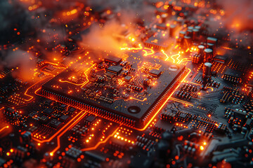 Fototapeta premium A close-up view of a circuit board glowing with orange lights, capturing the intricate details of modern technology in a vibrant, futuristic manner