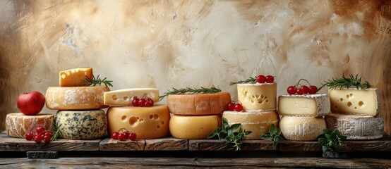 Variety of Different Types and Shapes of Cheese on Old Wooden Table - Beige Wallpaper Background with Copy Space
