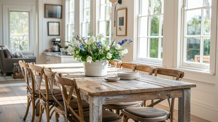 cozy dining space, cozy dining room featuring a wooden table, eclectic chairs, and a vase of flowers, ideal for enjoyable family meals