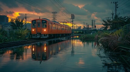 Fototapeta premium Train Passing Through Flooded Area at Sunset