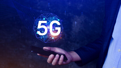 Business using smartphone with holographic 5G network concept, digital globe with interconnected 5G symbols, 5G technology in modern business and communication, digital transformation