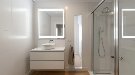 Modern minimalist bathroom with a sleek vanity, glass shower, and neutral tones creating a serene and spa-like atmosphere focusing on simplicity and clean design High Resolution picture, , Minimalism,