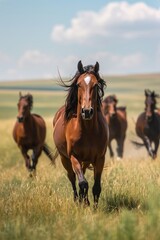 Fototapeta premium Wild horses running through grassland