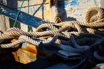 rope old boat wood interior detail close-up