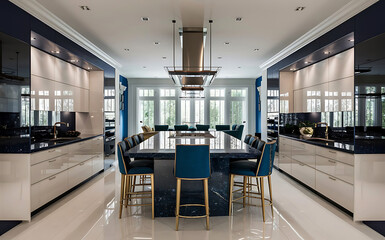 Fototapeta premium Kitchen interior in beautiful new luxury home with kitchen island and wooden floor, Generative AI