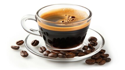 Fototapeta premium Espresso Shot with Coffee Beans on a White Background