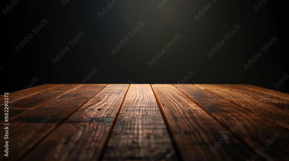 Poster table spotlight. dark wooden table with light background in elegant setting