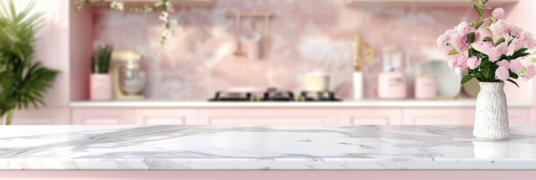 Tabletop Illustration. Beautiful Pastel Pink Kitchen with Clean Countertop and Copy Space on White Marble Surface