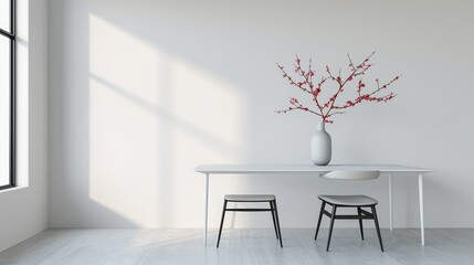 Elegant minimalist dining room with a modern table, simple chairs, and understated decor creating a clean and inviting space perfect for stylish and contemporary living High Resolution picture, ,