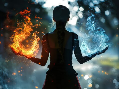 photograph representing the four elements (fire, earth, air, water) associated with the zodiac signs, with a person embodying each element