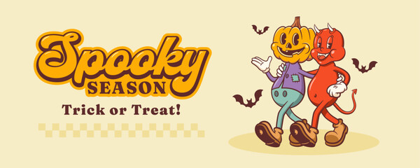Fototapeta premium Halloween Groovy Pumpkin and Demon Retro Characters. Cartoon Spooky Personage Banner. Vector Autumn Holiday Mascot Template. Happy Vintage Cool Illustration Isolated