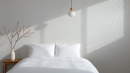 Minimalist bedroom featuring a platform bed, crisp white linens, and simple decor creating a peaceful and uncluttered retreat ideal for restful sleep High Resolution picture, , Minimalism,