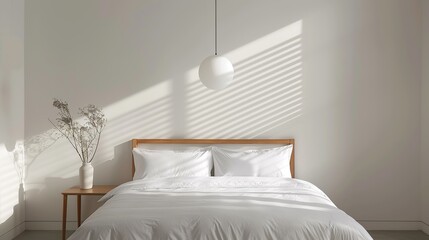 Minimalist bedroom featuring a platform bed, crisp white linens, and simple decor creating a peaceful and uncluttered retreat ideal for restful sleep High Resolution picture, , Minimalism,