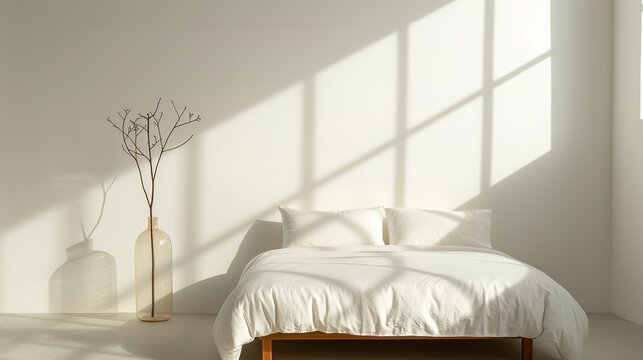 Minimalist bedroom featuring a platform bed, crisp white linens, and simple decor creating a peaceful and uncluttered retreat ideal for restful sleep High Resolution picture, , Minimalism,