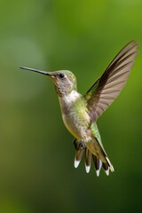 Fototapeta premium Hummingbird in flight with green background