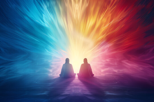 Jesus and Buddha meditating under a radiant sun, colorful rays shining down, spiritual peace and enlightenment