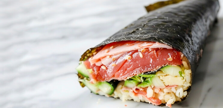 Seaweed-wrapped Sushirrito Nori with fresh tuna, cucumber, rice, and sesame seeds on a marble surface