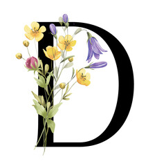 Floral monogram, letter D with watercolor wild flowers and leaves. Digital letterhead for wedding, birthday, bridal design.