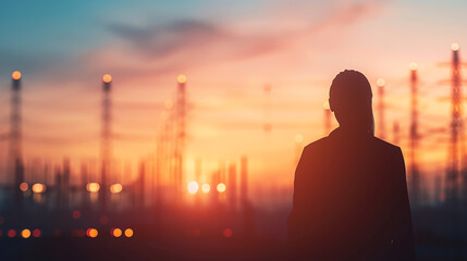 Silhouette of an energy worker with smart grid technology, representing digital transformation in energy