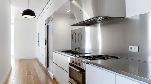 Modern minimalist kitchen with sleek cabinetry, a clutter-free countertop, and stainless steel appliances emphasizing functionality and clean aesthetics in home design High Resolution picture, ,
