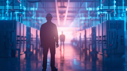 Silhouette of an energy worker with smart grid technology, representing digital transformation in energy