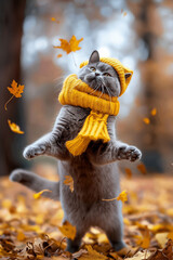 Obraz premium Autumn Meme. Britain shorthair Cat in knitted hat and scarf among autumn leaves enjoying the cold weather concept. Pet clothing and handmade knitting idea, copy space
