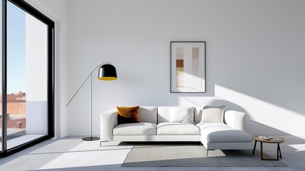 Modern minimalist living room featuring sleek furniture, neutral tones, and clean lines creating a serene and uncluttered space showcasing simplicity and elegance High Resolution picture, ,