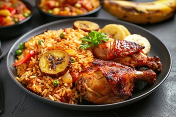African Dish. Jollof Rice with Chicken and Fried Plantain on a Plate