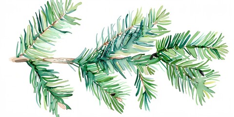 Watercolor painting of fir tree branch with green needles. The painting has a serene and calming mood, with the blue and green colors blending together to create a peaceful atmosphere