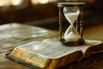 An hourglass on top of a Bible on a wooden table