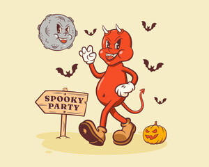 Halloween Groovy Demon Retro Character. Cartoon Devil Walking by a Pumpkin to Spooky Party under Evil Moon. Vector Autumn Holiday Mascot Template. Happy Vintage Cool Illustration Isolated