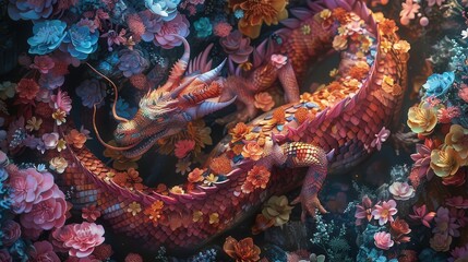 A dragon hoarding a pile of blooming treasure in a dark cave theme, front view, symbolizing mystical wealth, futuristic tone, Complementary Color Scheme