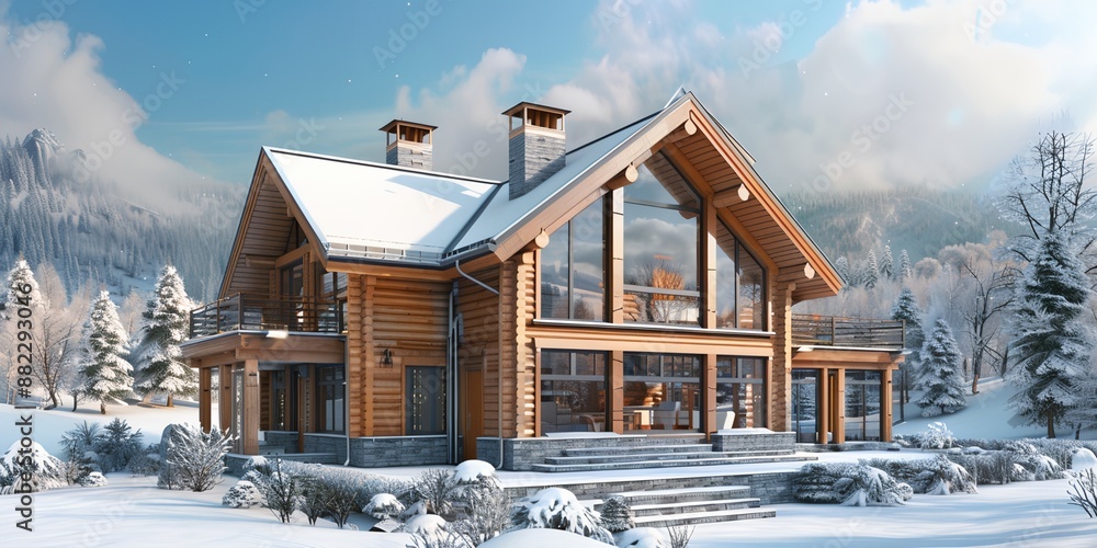 Aufkleber a large log cabin with a fireplace and a view of the mountains. the house is surrounded by snow and 