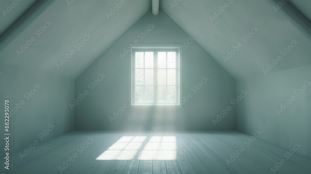 Poster a large window in a white room with a light shining through it