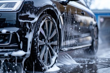 luxury black car wheel being washed at a carwash