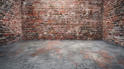 Brick Corner Studio Room with Grunge Concrete Floor and Empty Wall Background
