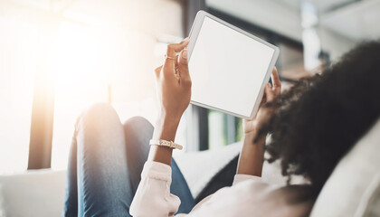 Black woman, sofa or website with tablet screen or mockup for internet research, reading lifestyle or blog for ideas. Female person, couch or ebook with relax for plan in home, scroll for information