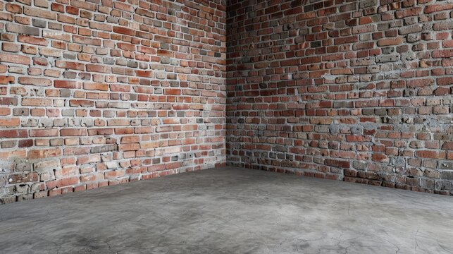 Brick Corner. Empty Studio Room with Grunge Brick Wall and Concrete Floor Background for Product Display and Advertising