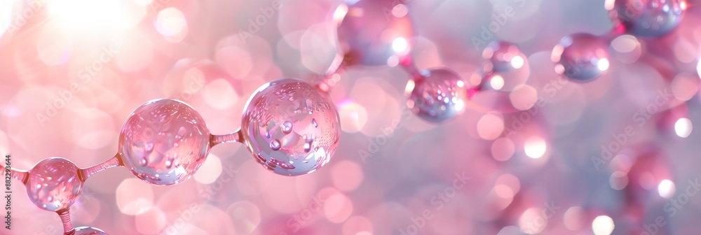 Poster pink beads are arranged in a line, creating a sense of movement and fluidity. the beads are clear an