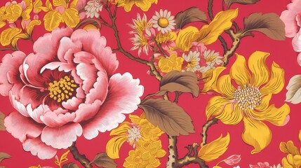 Pink and yellow floral pattern on red background