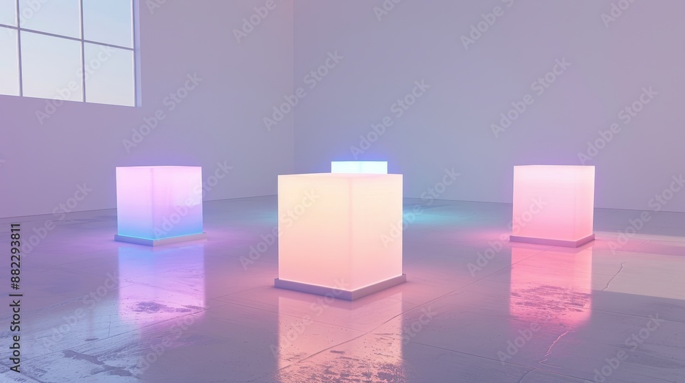 Poster a room with three cubes of different colors and a window