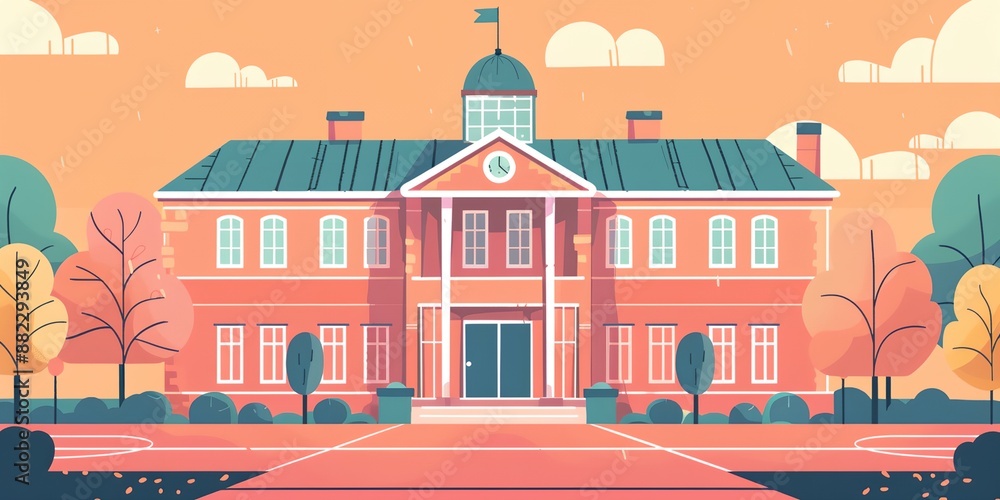 Poster a large brick building with a clock tower and a flag on top. the building is surrounded by trees and