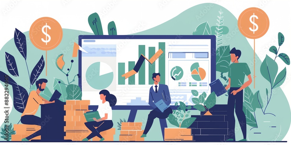 Poster a group of people are sitting around a table with a large screen displaying graphs and charts. the g