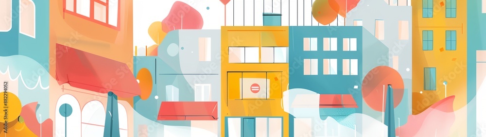 Poster A colorful cityscape with a yellow building with a red sign on it. The image is a cartoonish representation of a city with a lot of detail