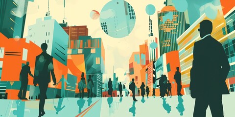 A city street with people walking and a man in a suit. Scene is busy and bustling