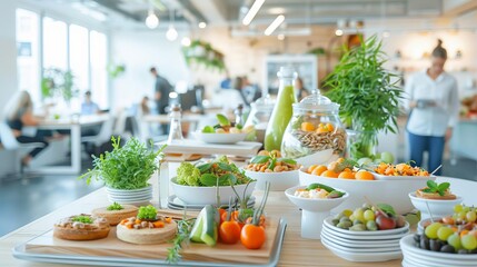 A wellness initiative promoting healthy eating with employees enjoying nutritious snacks, vibrant office setting