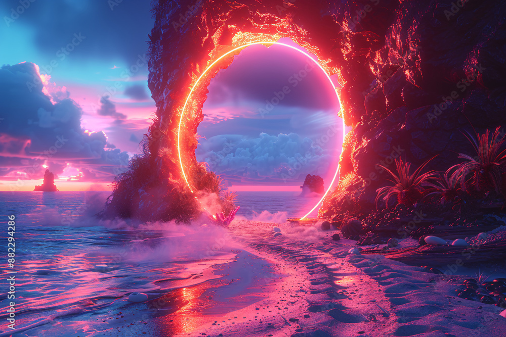 Aufkleber a surreal scene with a neon-lit portal on a twilight beach, creating a magical and mysterious atmosp