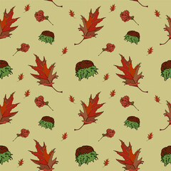 Pattern of leaf and chestnut elements on a beige background. Seamless pattern