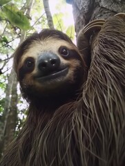 Fototapeta premium Smiling sloth in rainforest canopy